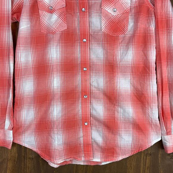 Wrangler Womens Shirt Orange White Plaid Pearl Snap Button Down Small - Picture 4 of 13
